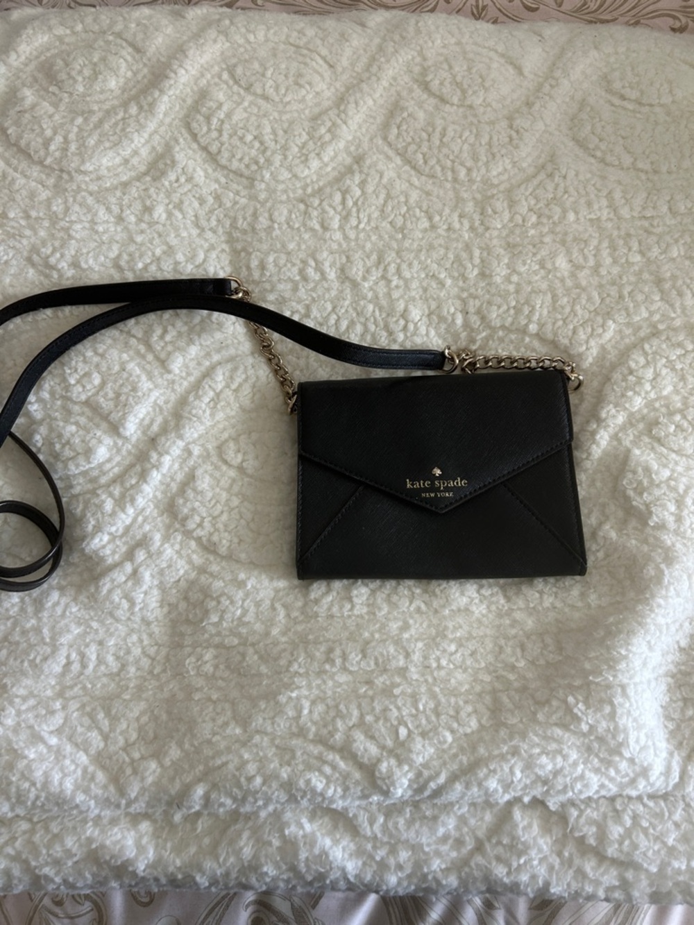 kate spade Black Leather Envelope Crossbody with Gold Chain